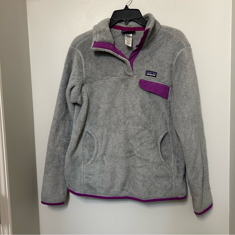 Patagonia Polar Fleece Womens M Snap Gray Purple Pullover‎ Sweater Pockets